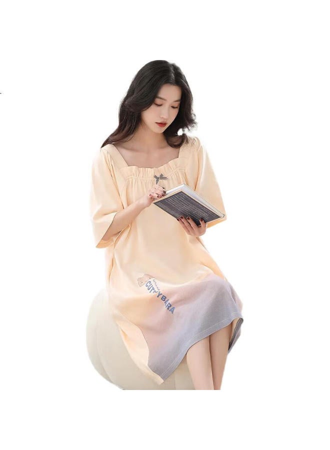 Miiow Women'S Summer Sleep Dress【100% Cotton】Antibacterial And Mite-Proof Ladies' Pajamas Sweet And Fresh Floral Print Home Wear Creamy