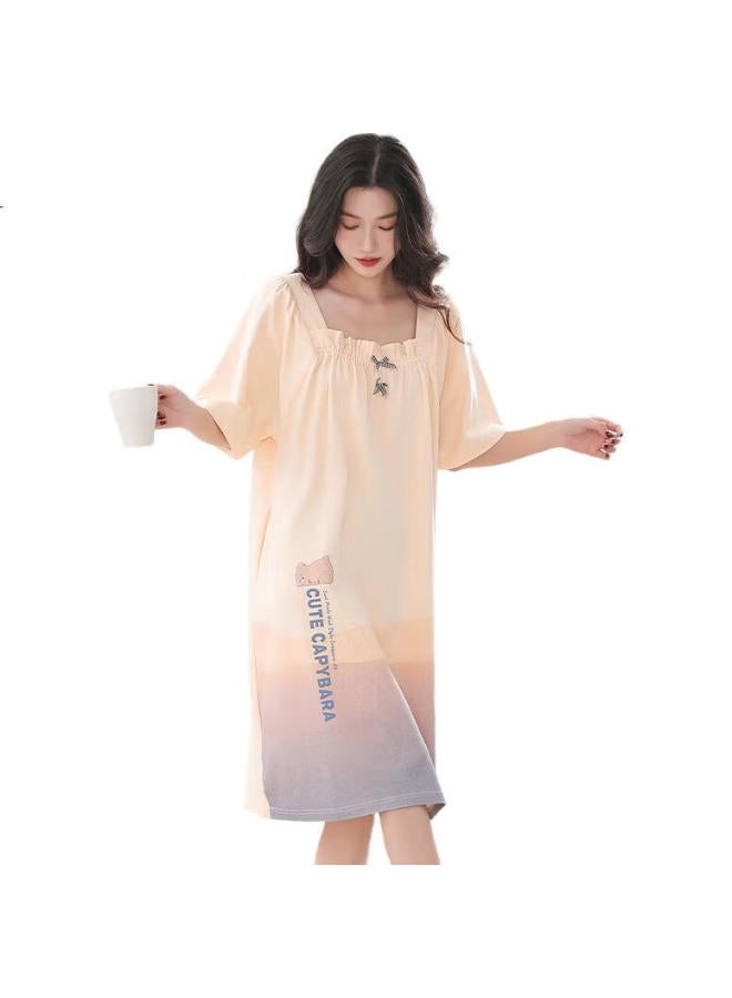 Miiow Women'S Summer Sleep Dress【100% Cotton】Antibacterial And Mite-Proof Ladies' Pajamas Sweet And Fresh Floral Print Home Wear Creamy