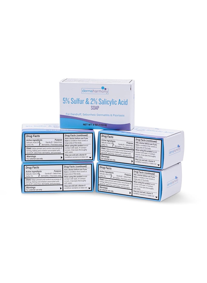 Dermaharmony 5 Sulfur 2 Salicylic Acid Bar Soap 4 oz  Crafted for those with Seborrehic Dermatitis Dandruff and Psoriasis 5 Pack 