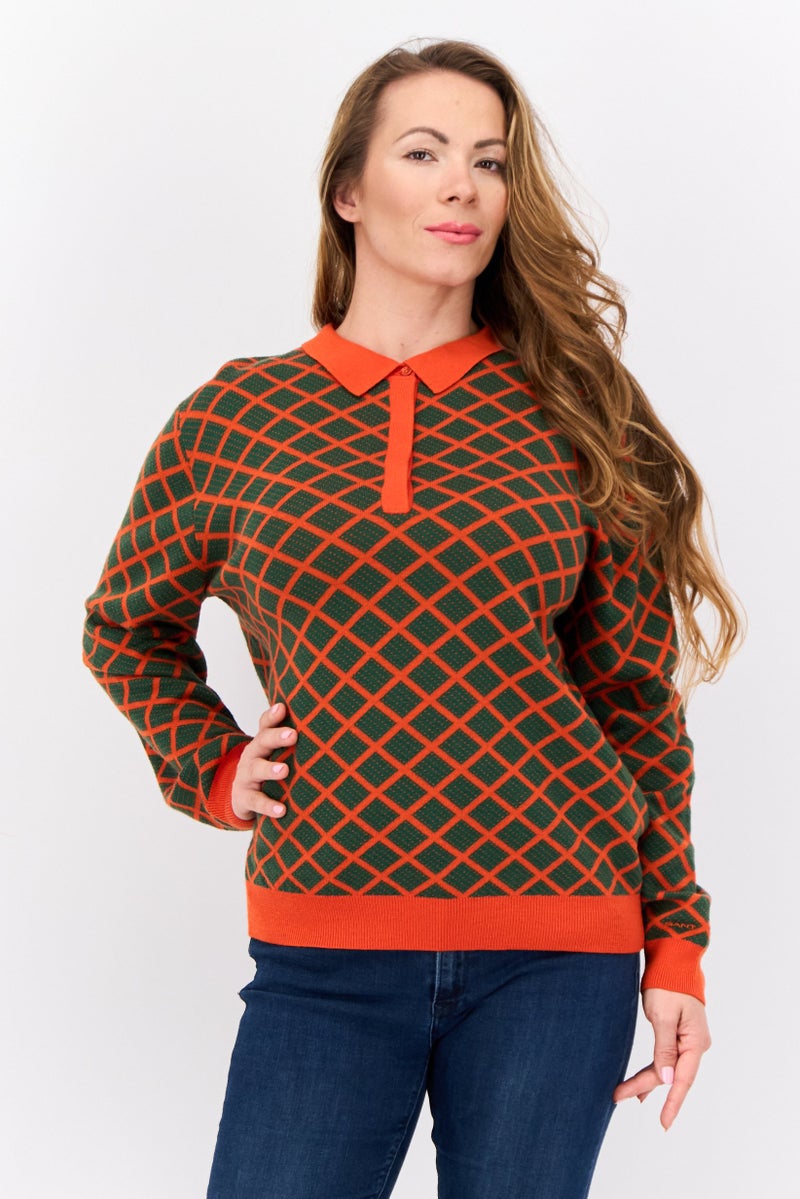 GANT Women Spread Collar Argyle Pattern Sweater, Green - Image 1