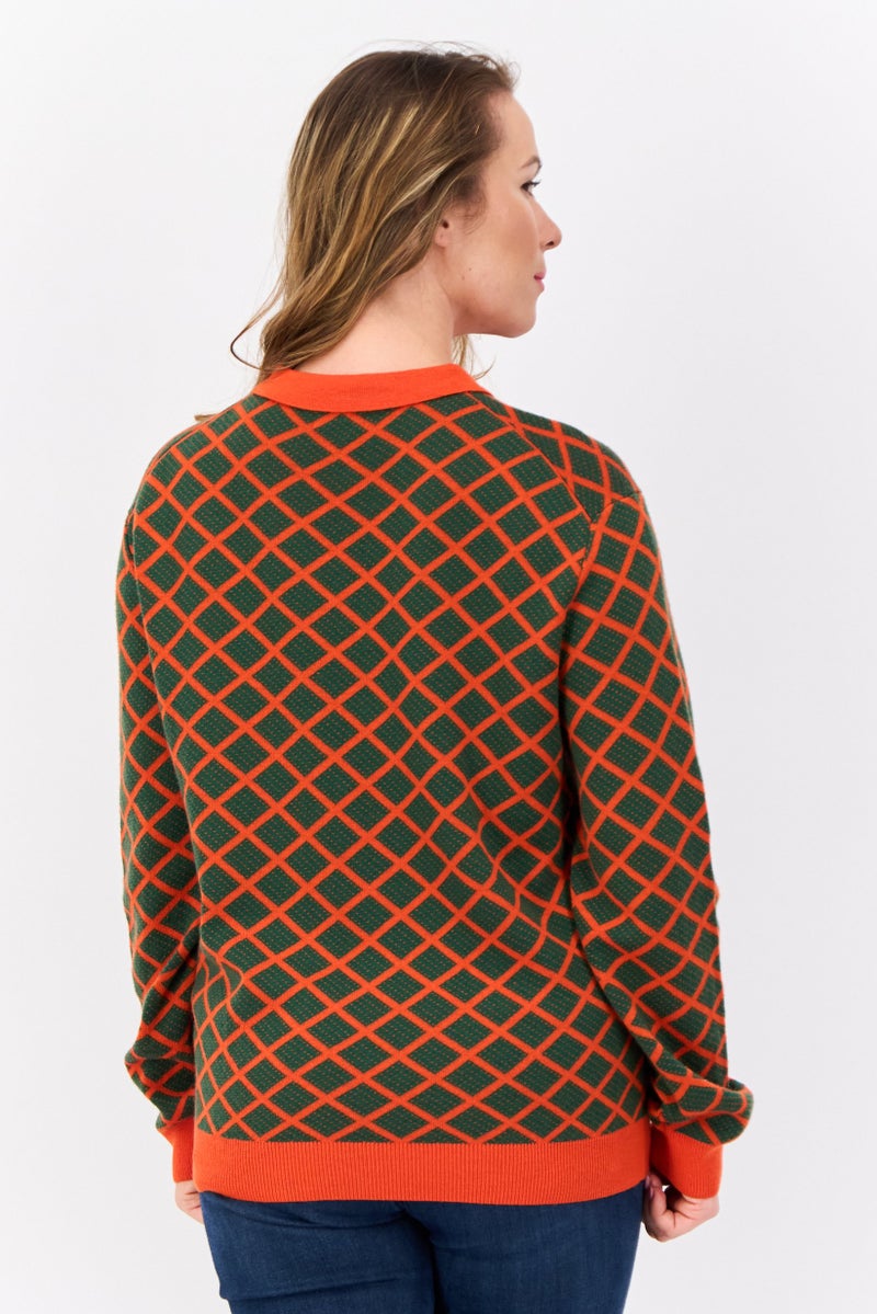 GANT Women Spread Collar Argyle Pattern Sweater, Green - Image 2