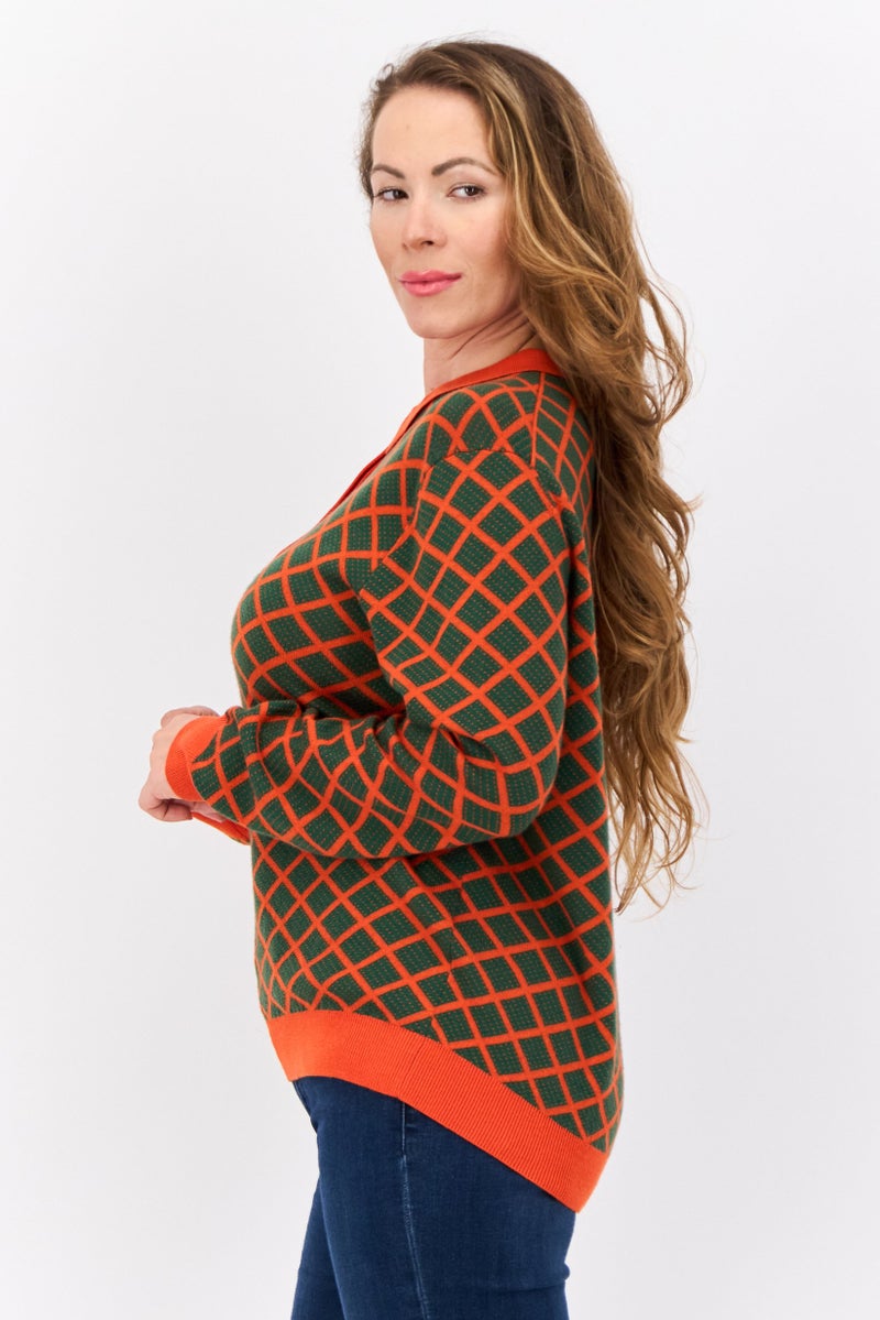 GANT Women Spread Collar Argyle Pattern Sweater, Green - Image 4