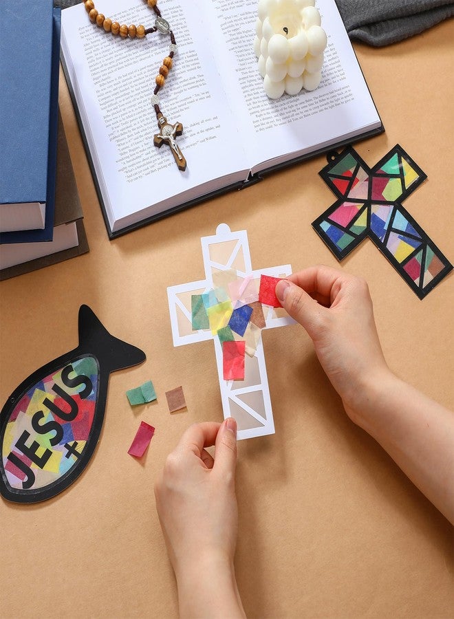 Sinload 24 Sets Religious Cross Fish Crafts Faith Jesus Fish Tissue Paper Christian Suncatcher Kit DIY Art Kit Church Ornaments VBS Sunday School Gifts - Image 4