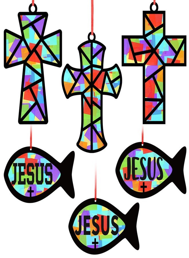 Sinload 24 Sets Religious Cross Fish Crafts Faith Jesus Fish Tissue Paper Christian Suncatcher Kit DIY Art Kit Church Ornaments VBS Sunday School Gifts - Image 1