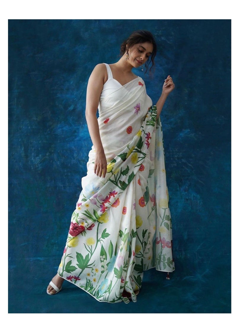 Grab Mantra Linen White Saree With Beautiful Flower Garden Print All Over Plus Unstitched Blouse  - Image 5
