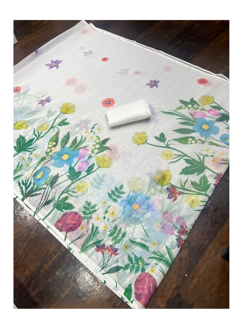 Grab Mantra Linen White Saree With Beautiful Flower Garden Print All Over Plus Unstitched Blouse  - Image 2