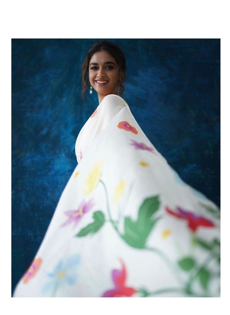 Grab Mantra Linen White Saree With Beautiful Flower Garden Print All Over Plus Unstitched Blouse  - Image 3