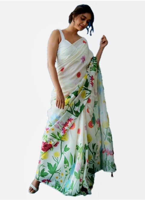 Linen White Saree With Beautiful Flower Garden Print All Over Plus Unstitched Blouse