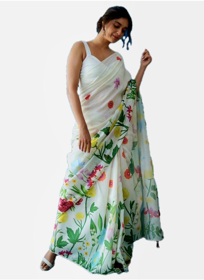 Grab Mantra Linen White Saree With Beautiful Flower Garden Print All Over Plus Unstitched Blouse  - Image 1