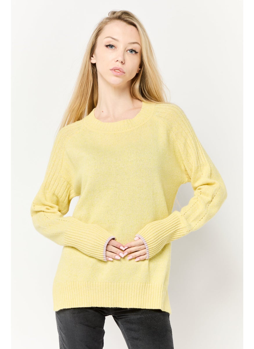 Scotch & Soda Women Ribbed Neck Long Sleeves Textured Sweater, Light Yellow  - Image 1