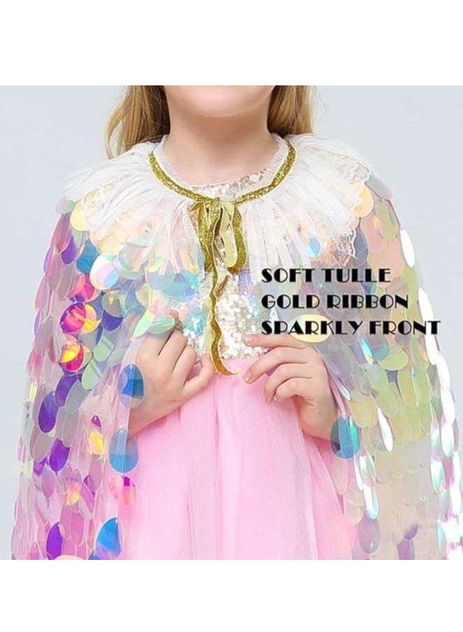 Excefore عباءة الأميرة قوس قزح للبنات - عباءة لامعة للأطفال، إكليل شريط للأطفال، غطاء رأس شاطئي، عباءة تنكرية، إكسسوارات تنكرية للأطفال 9-12 سنة، عباءة بريق حورية البحر - ملابس حفلات الأطفال 2 قطعة - Image 5