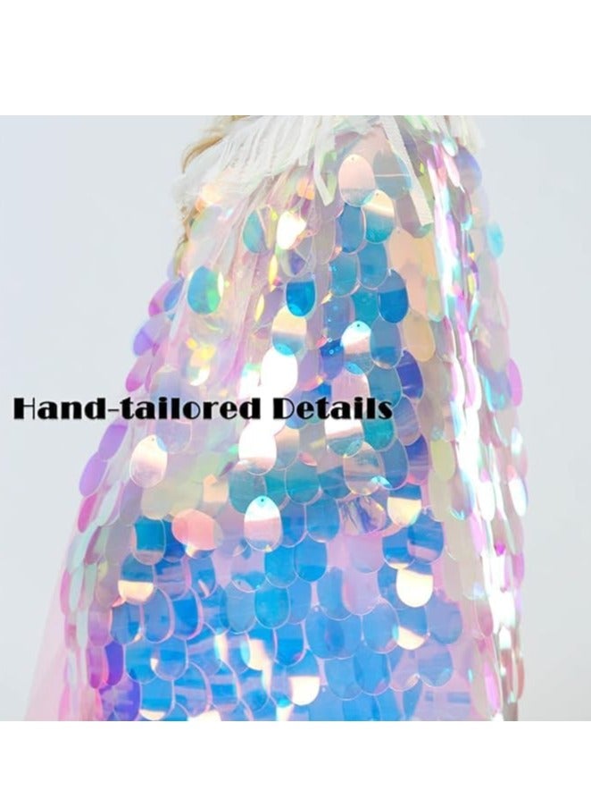 Excefore عباءة الأميرة قوس قزح للبنات - عباءة لامعة للأطفال، إكليل شريط للأطفال، غطاء رأس شاطئي، عباءة تنكرية، إكسسوارات تنكرية للأطفال 9-12 سنة، عباءة بريق حورية البحر - ملابس حفلات الأطفال 2 قطعة - Image 4