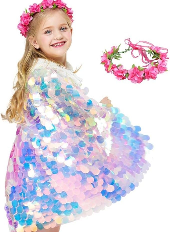 Excefore عباءة الأميرة قوس قزح للبنات - عباءة لامعة للأطفال، إكليل شريط للأطفال، غطاء رأس شاطئي، عباءة تنكرية، إكسسوارات تنكرية للأطفال 9-12 سنة، عباءة بريق حورية البحر - ملابس حفلات الأطفال 2 قطعة - Image 1