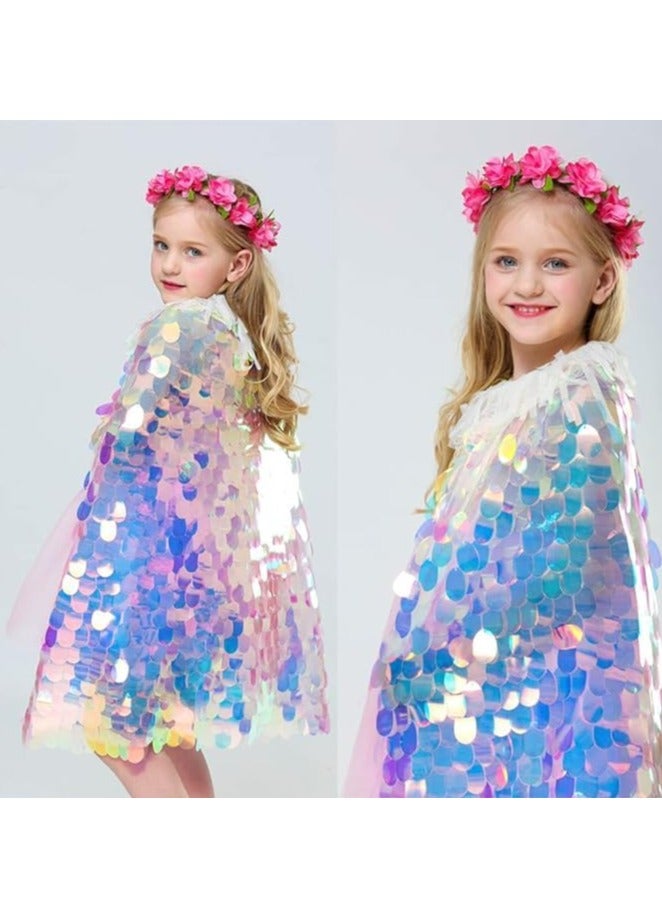 Excefore عباءة الأميرة قوس قزح للبنات - عباءة لامعة للأطفال، إكليل شريط للأطفال، غطاء رأس شاطئي، عباءة تنكرية، إكسسوارات تنكرية للأطفال 9-12 سنة، عباءة بريق حورية البحر - ملابس حفلات الأطفال 2 قطعة - Image 2