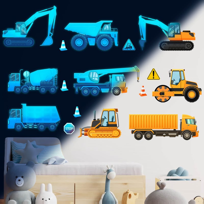 Sinekong Construction Wall Decals Glow in The Dark Wall Stickers City Vehicles Car Wall Decal Luminous Truck Excavator Tractor Decals Transportation Sticker Boys Kids Bedroom Playroom Nursery Ceiling Decor - Image 1
