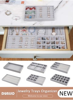 DUNISO Stackable Jewelry Trays Organizer, Closet Drawer Accessories Tray Set of 6 Drawer Organizer for Earring, Ring, Gadgets & Cosmetics, Display Organizer Necklace Storage Showcase Bracelet Removable Tray  - Image 1