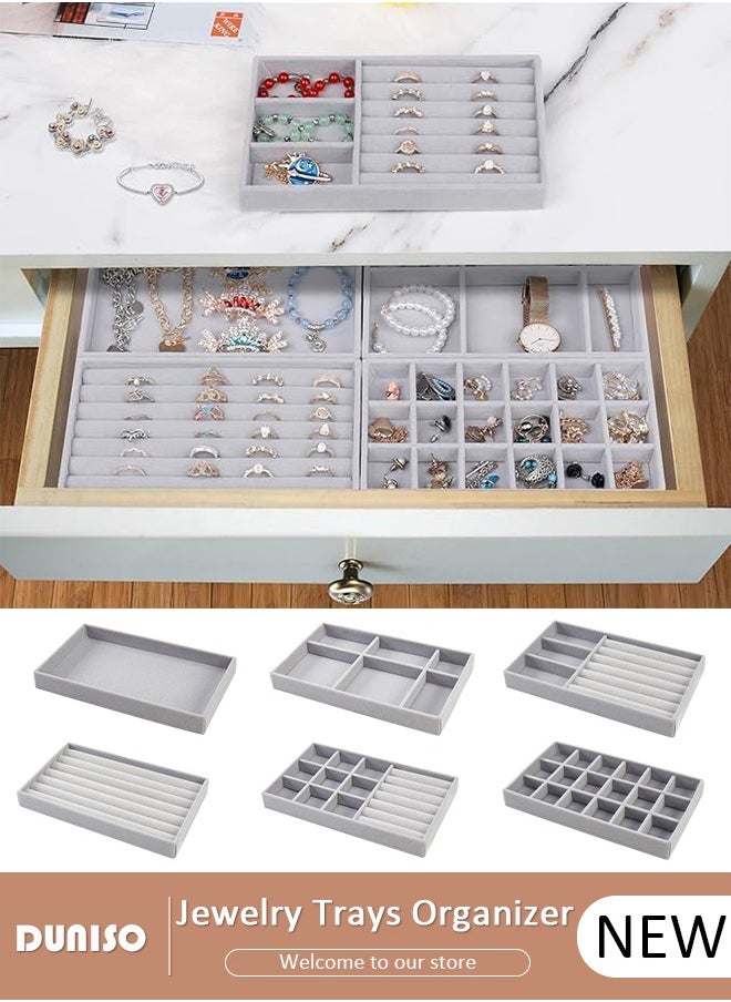 DUNISO Stackable Jewelry Trays Organizer, Closet Drawer Accessories Tray Set of 6 Drawer Organizer for Earring, Ring, Gadgets & Cosmetics, Display Organizer Necklace Storage Showcase Bracelet Removable Tray  - Image 1