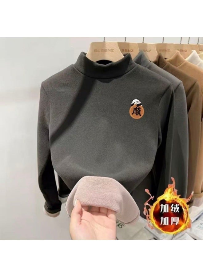 Autumn And Winter Kidsren's Velvet Thickeneded Velvet Bottoming Shirt For Boys And Girls Half Turtleneck Cartoon Printed Long-sleeved T-shirt