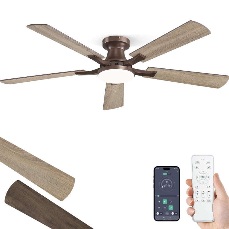 ZMISHIBO 52 Inch Ceiling Fan with Light, App&Remote Control, Flush Mount Low Profile, Dimmable 20W LED Light, Quiet Reversible Motor for Bedroom, Living Room, Apartment, Brown - Image 1