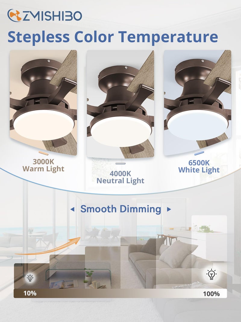 ZMISHIBO 52 Inch Ceiling Fan with Light, App&Remote Control, Flush Mount Low Profile, Dimmable 20W LED Light, Quiet Reversible Motor for Bedroom, Living Room, Apartment, Brown - Image 3
