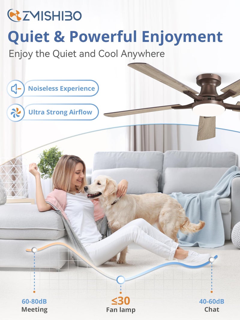ZMISHIBO 52 Inch Ceiling Fan with Light, App&Remote Control, Flush Mount Low Profile, Dimmable 20W LED Light, Quiet Reversible Motor for Bedroom, Living Room, Apartment, Brown - Image 4