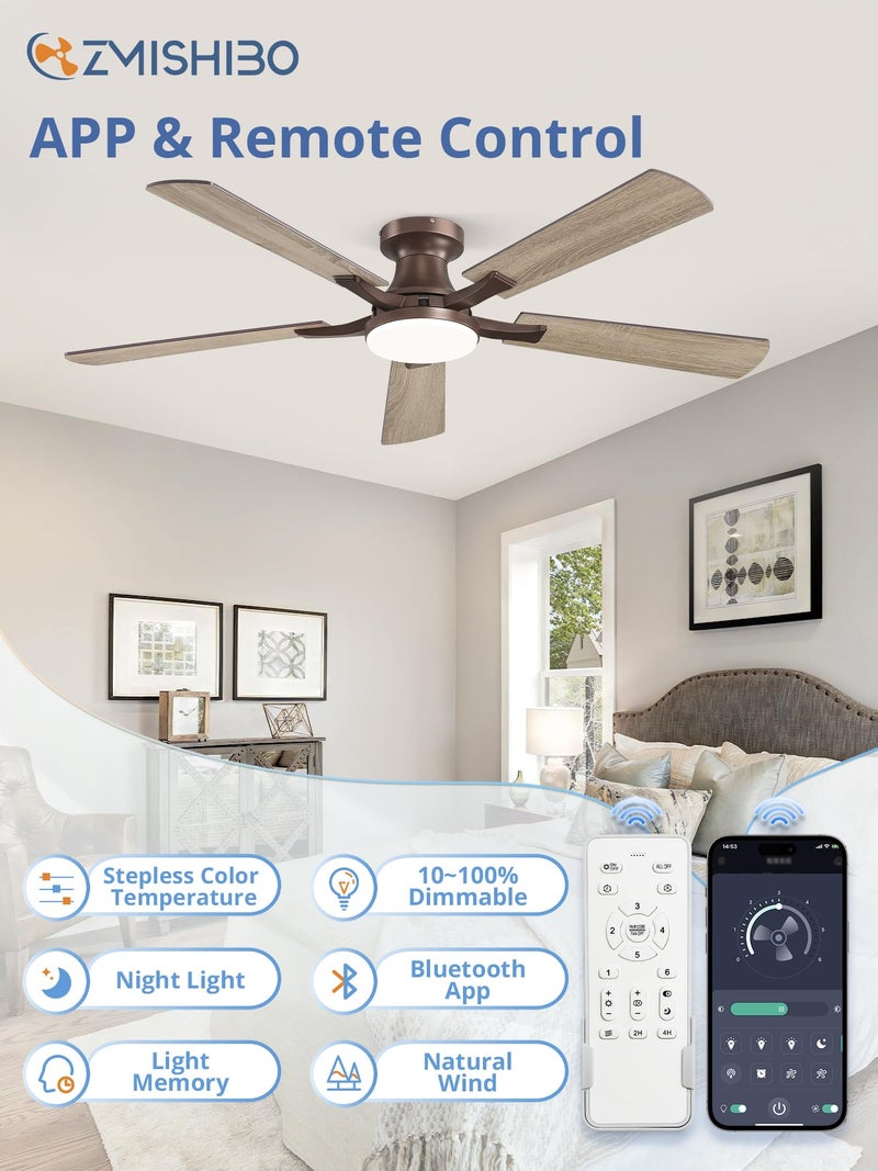 ZMISHIBO 52 Inch Ceiling Fan with Light, App&Remote Control, Flush Mount Low Profile, Dimmable 20W LED Light, Quiet Reversible Motor for Bedroom, Living Room, Apartment, Brown - Image 2