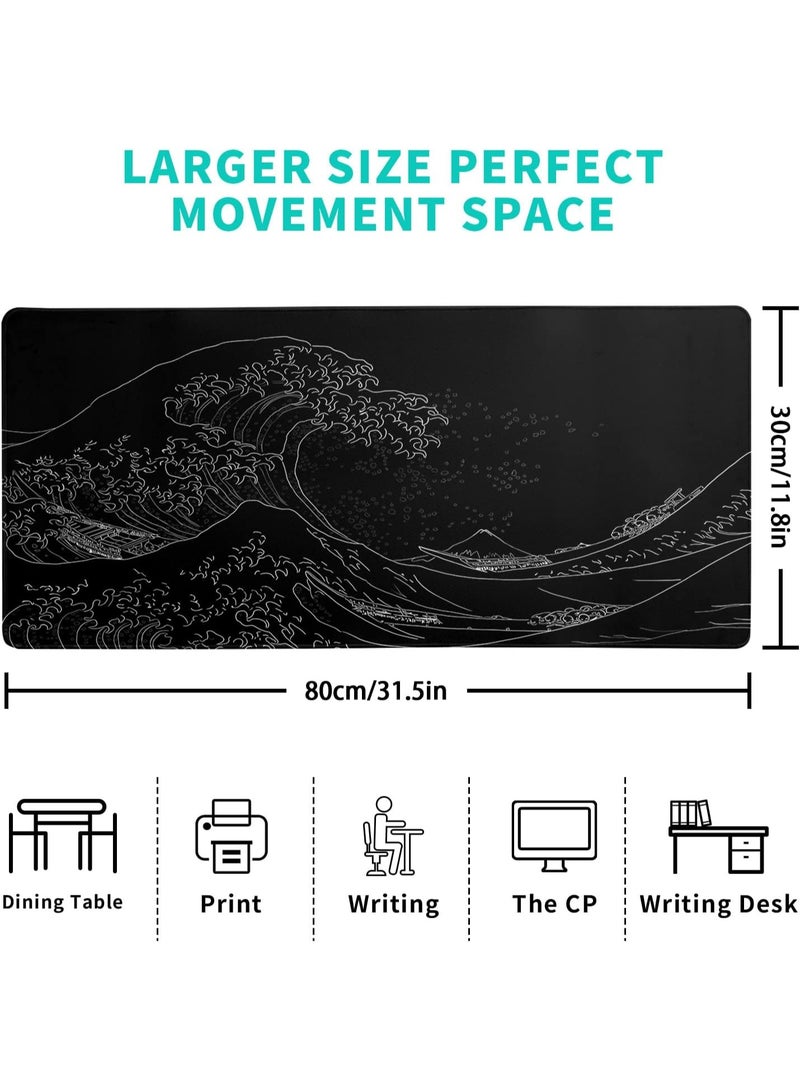 Brecoy Japanese Sea Wave Large Gaming Mouse Pad – Extended 31.5 × 11.8 Inch Desk Mat, Anime Black Kanagawa Design, 3mm Thick Non-Slip Rubber Base, Smooth Surface for Gaming & Office Work - Image 2