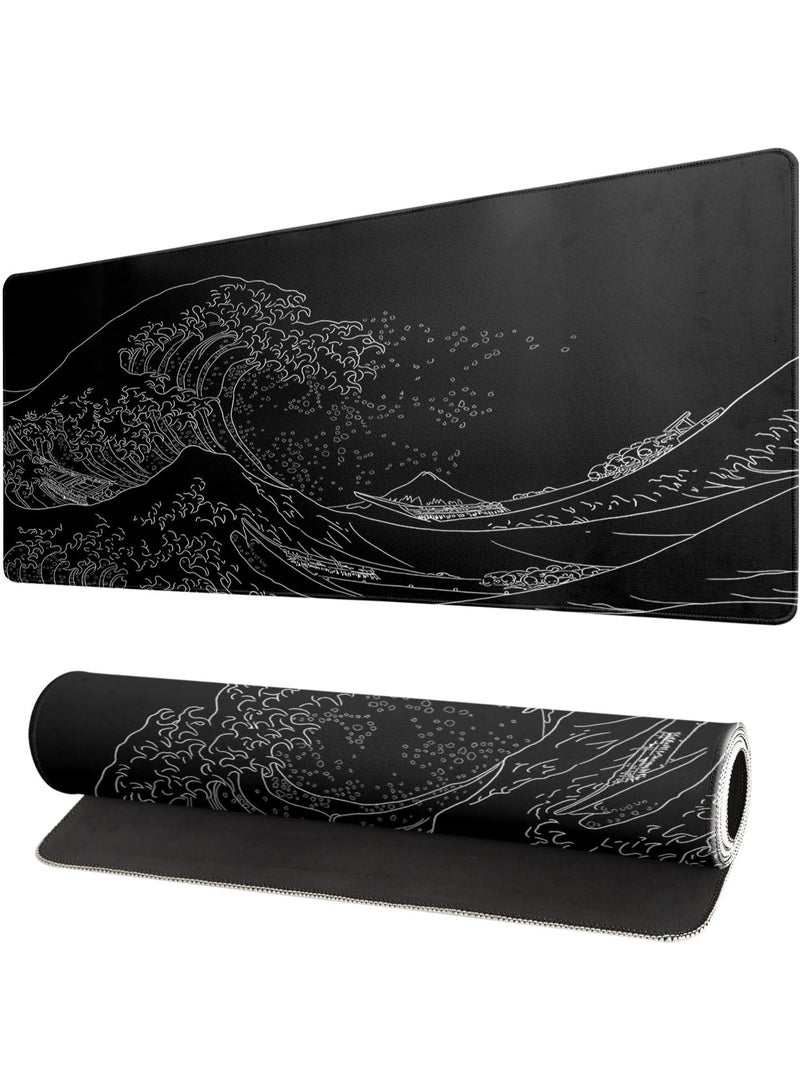 Brecoy Japanese Sea Wave Large Gaming Mouse Pad – Extended 31.5 × 11.8 Inch Desk Mat, Anime Black Kanagawa Design, 3mm Thick Non-Slip Rubber Base, Smooth Surface for Gaming & Office Work - Image 1