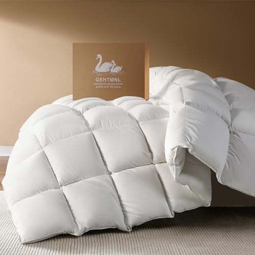 Gehtmnl Goose Down Fiber Comforter Queen Size – All Season Naturally Breathable Down Comforters, Luxury Hotel Collection Duvet Insert with 8 Corner Tabs, Cotton Fabric & Baffle Box (White,50oz Fill) - Image 1