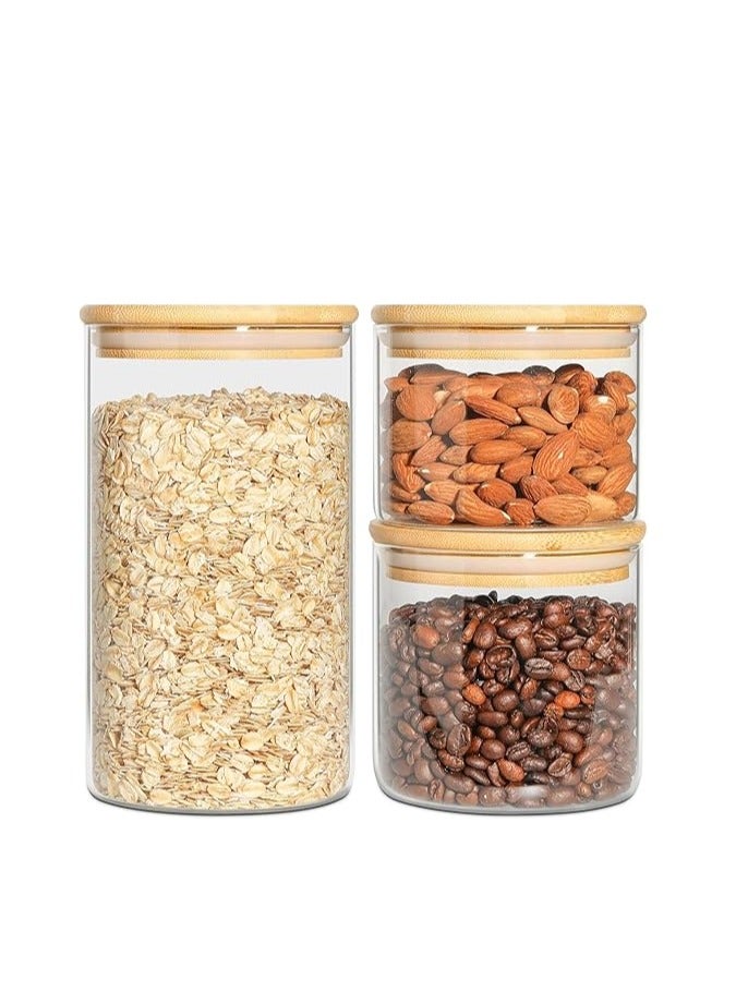 HOME ZONE Airtight Canisters for Bulk Food Storage (Set of 3) 600ml/750ml/1478ml BPA Free High Borosilicate Glass Cookies Jar with Bamboo Lid, Cylinder Cereal Container with Sealing - Image 1