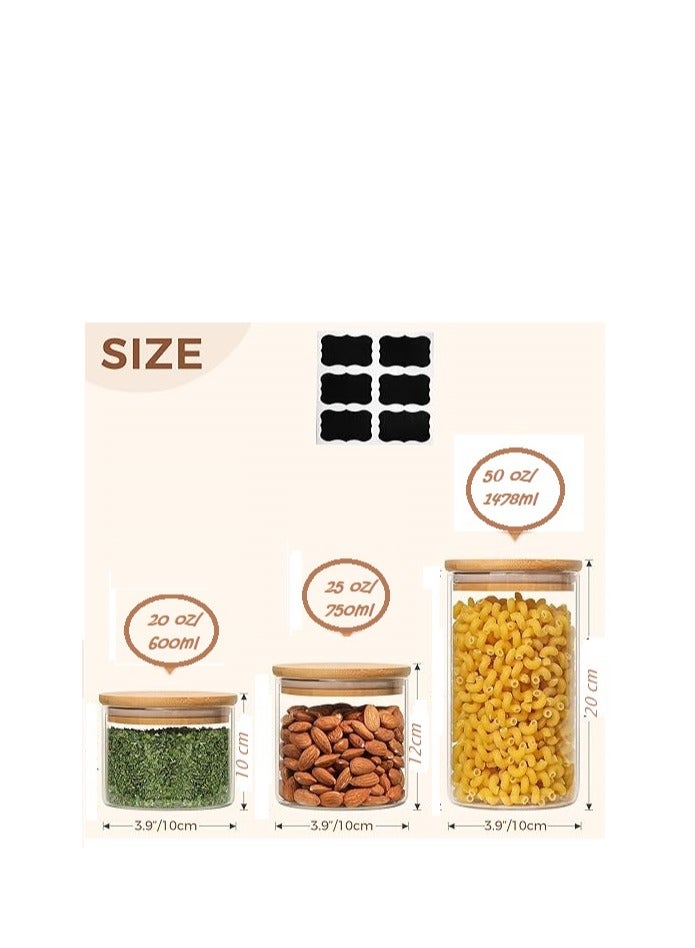 HOME ZONE Airtight Canisters for Bulk Food Storage (Set of 3) 600ml/750ml/1478ml BPA Free High Borosilicate Glass Cookies Jar with Bamboo Lid, Cylinder Cereal Container with Sealing - Image 2