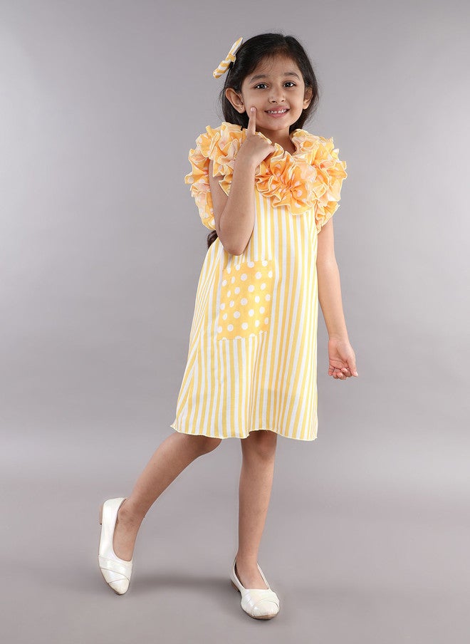 PinkChick Yellow Striped Ruffled A-Line Dress for Girls - Image 3