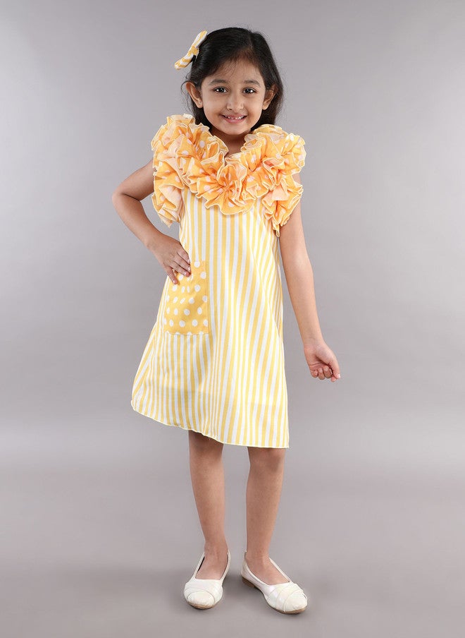 PinkChick Yellow Striped Ruffled A-Line Dress for Girls - Image 1