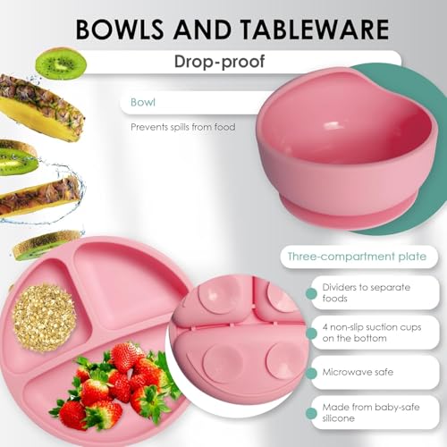 QLECT BPA Free Silicone Baby Feeding Set,Baby Led Weaning Supplies,Eating Essentials Utensils with Suction Plate & Bowl,Pocket Bib,Sippy Cup with Lid,Forks Spoons for Baby&Toddler 6+ Months,Pink - Image 3