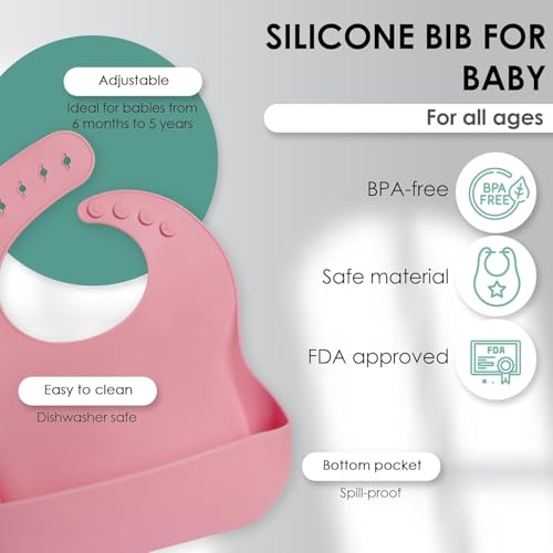 QLECT BPA Free Silicone Baby Feeding Set,Baby Led Weaning Supplies,Eating Essentials Utensils with Suction Plate & Bowl,Pocket Bib,Sippy Cup with Lid,Forks Spoons for Baby&Toddler 6+ Months,Pink - Image 2