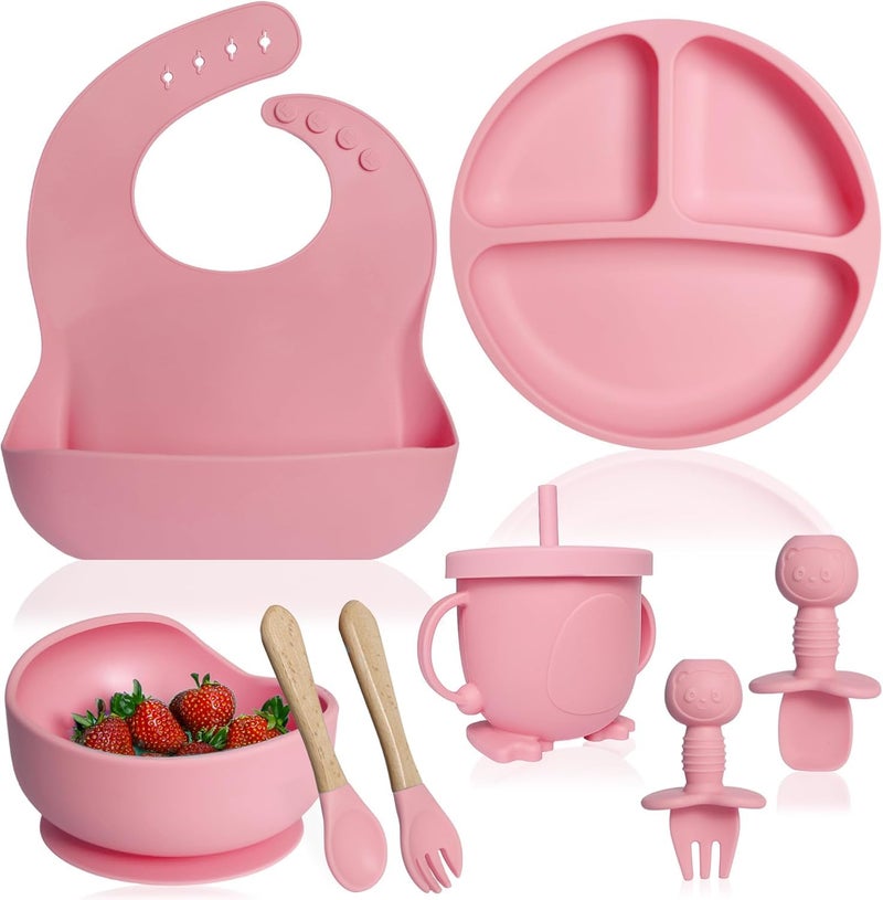 QLECT BPA Free Silicone Baby Feeding Set,Baby Led Weaning Supplies,Eating Essentials Utensils with Suction Plate & Bowl,Pocket Bib,Sippy Cup with Lid,Forks Spoons for Baby&Toddler 6+ Months,Pink - Image 1