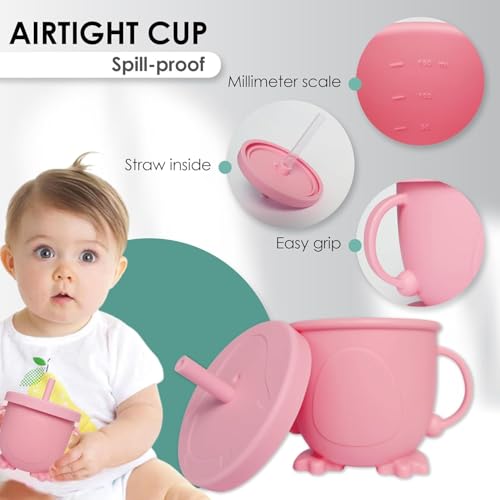 QLECT BPA Free Silicone Baby Feeding Set,Baby Led Weaning Supplies,Eating Essentials Utensils with Suction Plate & Bowl,Pocket Bib,Sippy Cup with Lid,Forks Spoons for Baby&Toddler 6+ Months,Pink - Image 5