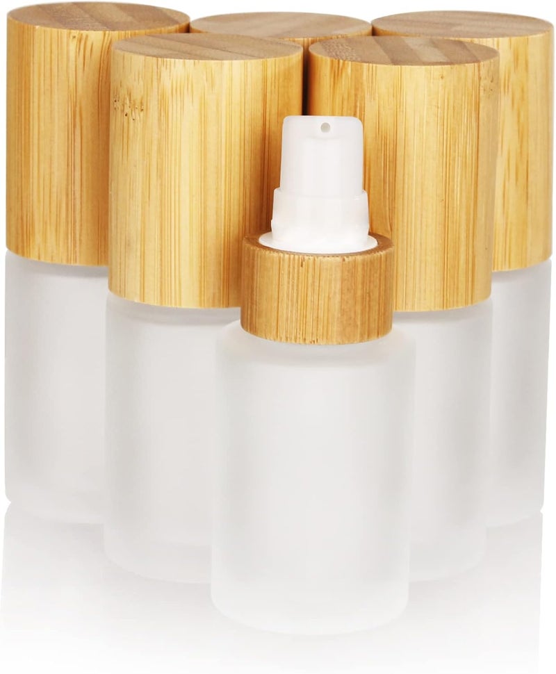 COSIDEA 6 pcs Empty 1oz / 30ml bamboo lids Frosted glass bottle with lotion pump dispenser, refillable emulsion cosmetic cream bottles, toiletries refill travel container