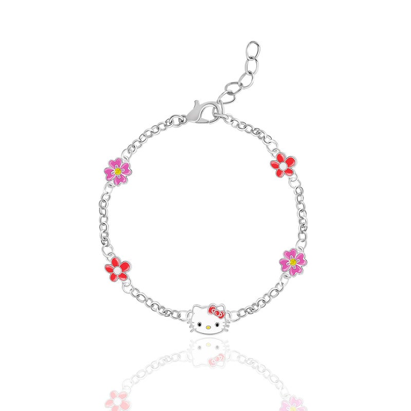 Hello Kitty Bracelet for Women with Flower Pendants 6.5" + 1", Silver Flash-Plated Sanrio Bracelet Officially Licensed - Image 1