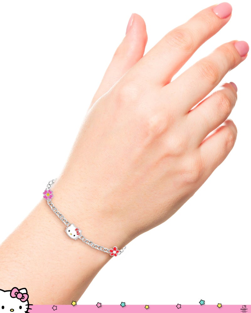 Hello Kitty Bracelet for Women with Flower Pendants 6.5" + 1", Silver Flash-Plated Sanrio Bracelet Officially Licensed - Image 2