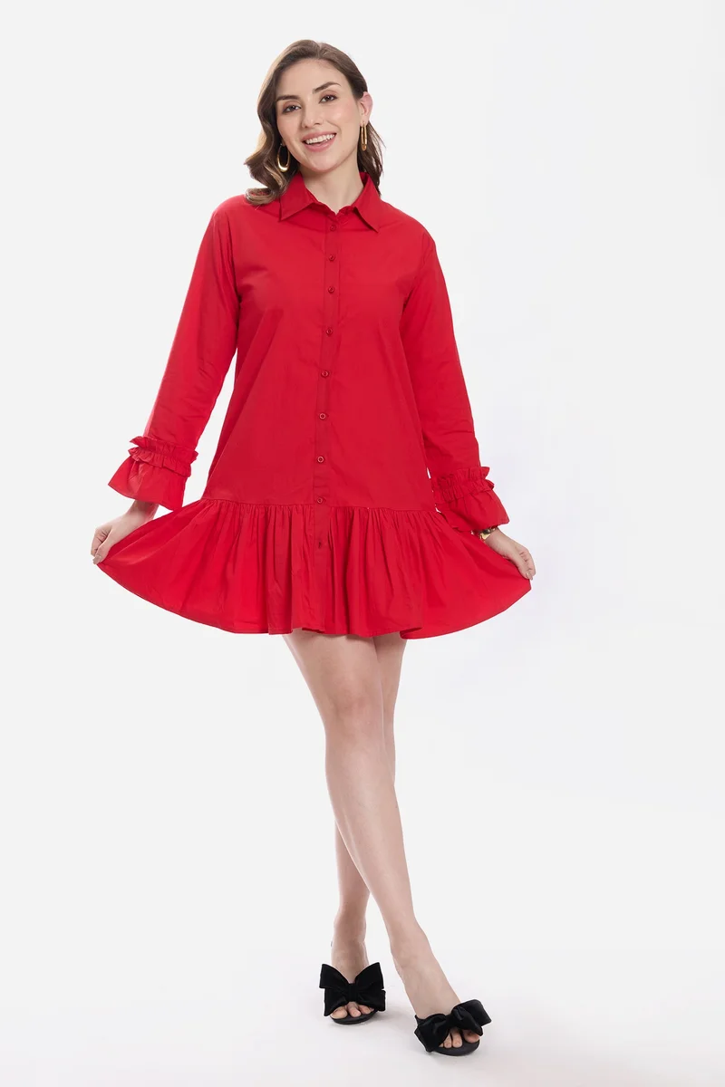 Virgio Solid Cotton Ruffle Mini Dress for Women