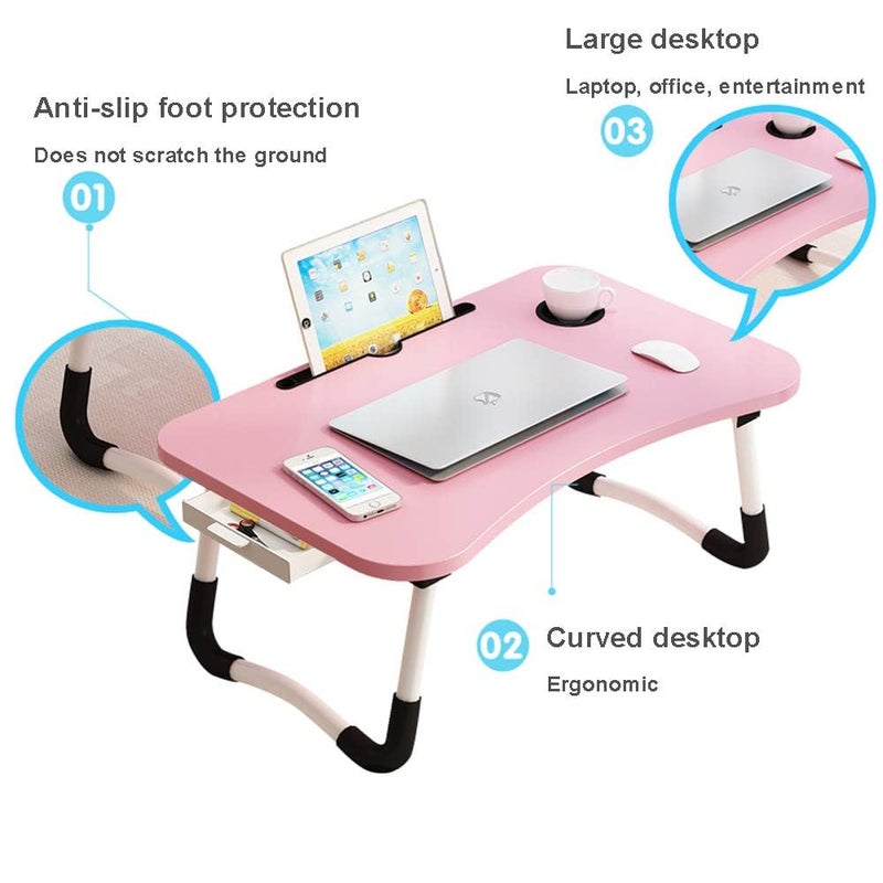 VebaCidi Lap Desk with Storage Drawer, Holders for Cup and Tablet, Tray Table with Foldable Legs, Laptop Bed Stand, Portable Standing Table for Sofa Couch Floor (23.6", Pink) - Image 4