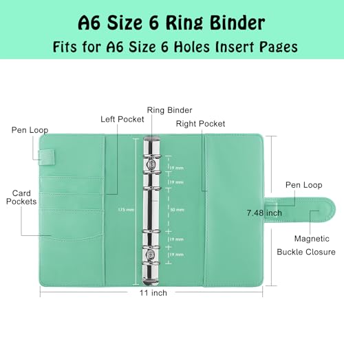 Antner A6 Binder 6 Ring Refillable Notebook Planner for A6 Refill Paper, PU Leather Loose Leaf Personal Budget Planner Money Organizer Cash Stuffing Binder with Magnetic Buckle Closure, Light Green - Image 2