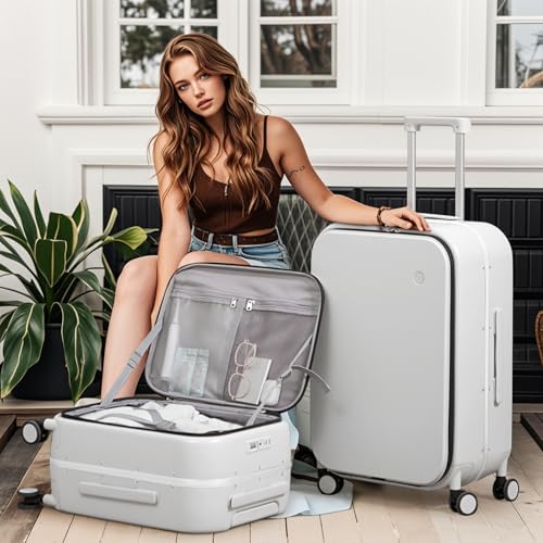 mixi 20 Inch Carry On Luggage 22x14x9 Airline Approved PC Hard Shell Suitcase Top Opening Aluminum Frame Travel Suitcases with Wheels, Smoke White - Image 2