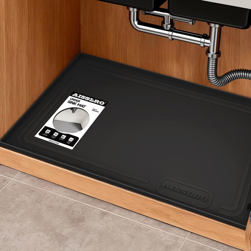 Aisslro Under Sink Mat 22" X 19", Waterproof Silicone Cabinet Organizer Protector with Raised Edge, Kitchen & Bathroom Leak Tray, Shelf Liner & Pet Feeding Mat for Dog Cat Food Mats, Black - Image 1