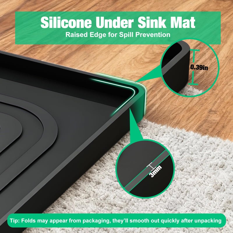 Aisslro Under Sink Mat 22" X 19", Waterproof Silicone Cabinet Organizer Protector with Raised Edge, Kitchen & Bathroom Leak Tray, Shelf Liner & Pet Feeding Mat for Dog Cat Food Mats, Black - Image 5