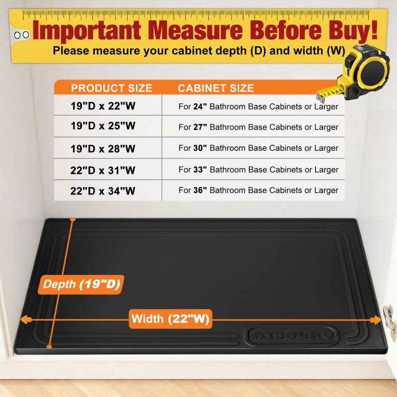 Aisslro Under Sink Mat 22" X 19", Waterproof Silicone Cabinet Organizer Protector with Raised Edge, Kitchen & Bathroom Leak Tray, Shelf Liner & Pet Feeding Mat for Dog Cat Food Mats, Black - Image 2