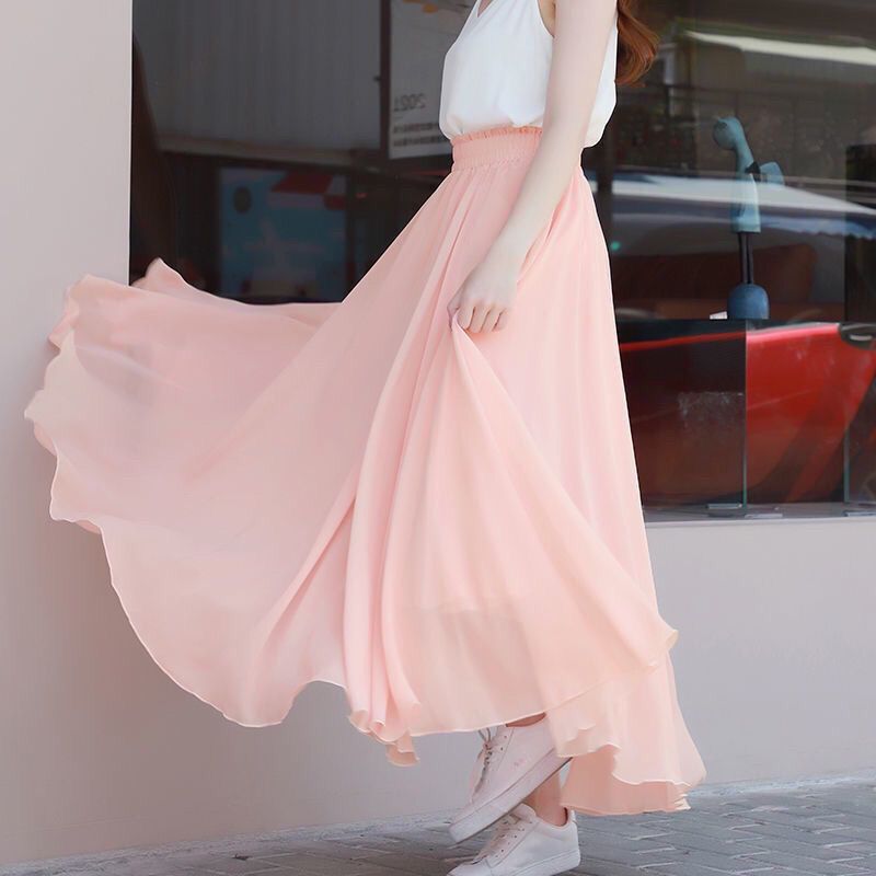 Spring Summer White Chiffon Maxi Skirt High-Waist Lotus Root Starch Chiffon Dress 