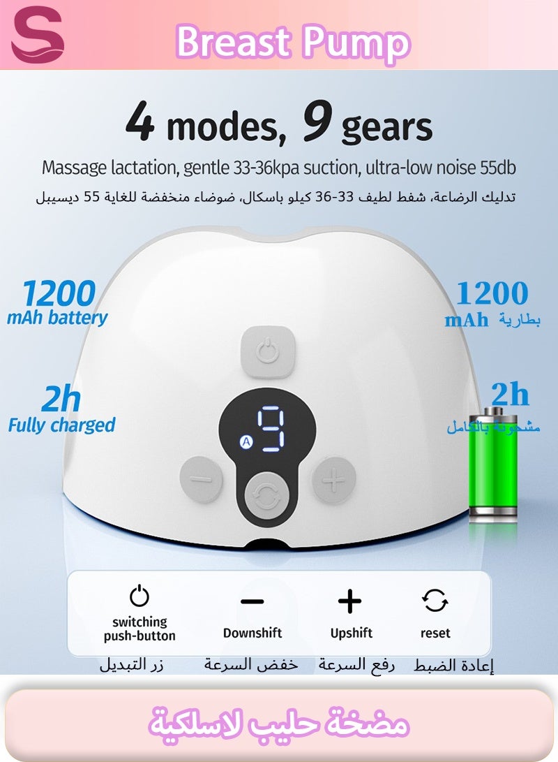 سيرينوفيا مضخة ثدي كهربائية محمولة بدون استخدام اليدين، تعمل ببطارية 1800 مللي أمبير، منخفضة الضوضاء، مزودة بـ 3 أوضاع و9 مستويات، وحلمات مقاس 21/24 مم، سهلة الحمل - قطعة واحدة - Image 2