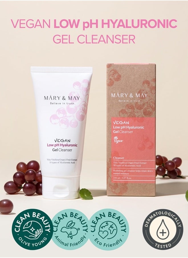MARY & MAY Vegan Low pH Hyaluronic Gel Cleanser - pH-Balanced Non-Irritating Gel to Foam Hydrating Face Wash for Sensitive Skin - with Hyaluronic Acid, Grape and Cica Extract, 5.07 fl.oz.  - Image 2